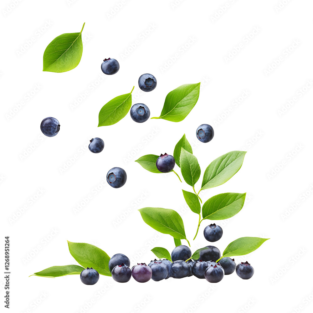 Fresh Blueberries Falling, Green Leaves, Healthy Fruit, Natures Goodness Fresh Blueberries Falling, Green Leaves, Healthy Fruit, Natures Goodness