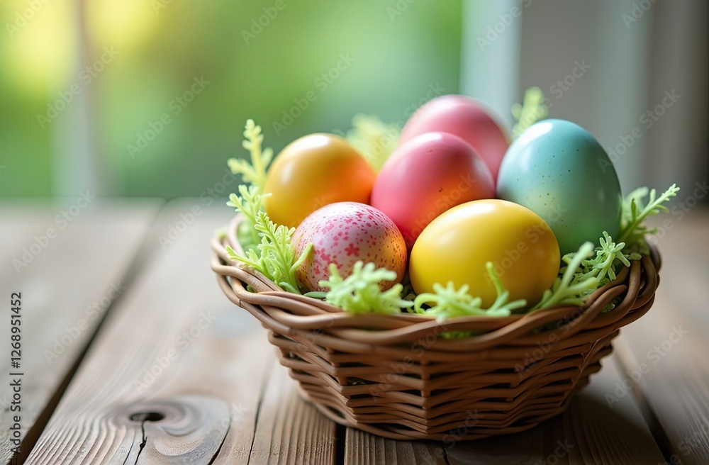 Easter composition. Easter eggs in a basket Easter composition. Easter eggs in a basket