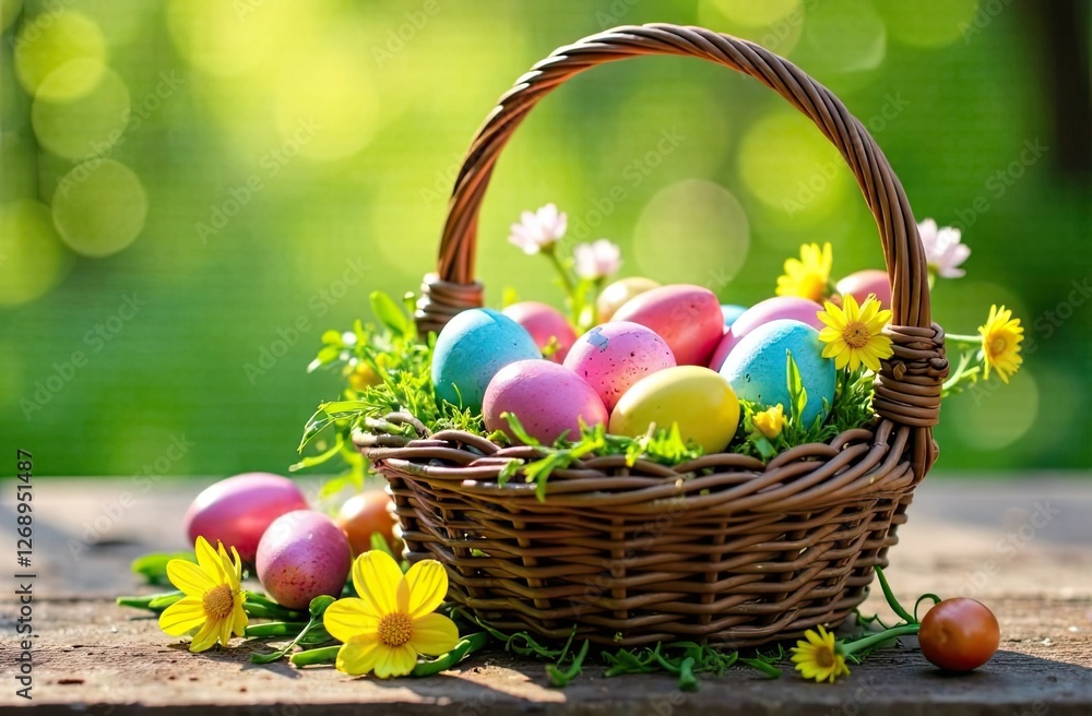 Easter composition. Easter eggs in a basket with flowers Easter composition. Easter eggs in a basket with flowers