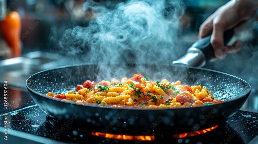 A pan of steaming gnocchi being cooked with fresh ingredients in a kitchen setting. A pan of steaming gnocchi being cooked with fresh ingredients in a kitchen setting.