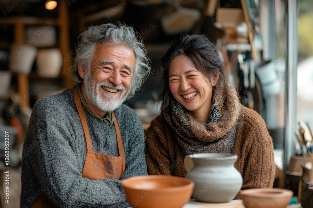 Two happy potters laughing in their workshop Two happy potters laughing in their workshop