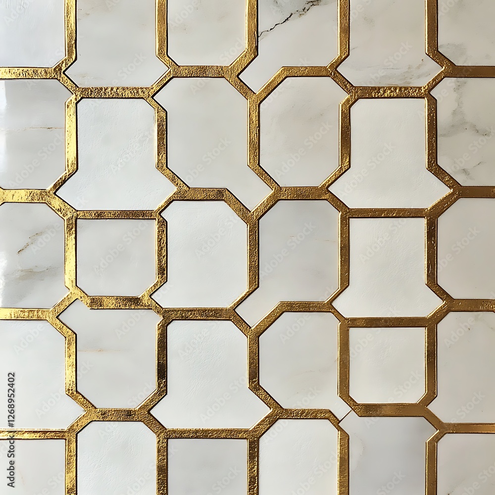 Obraz premium Elegant geometric tiles featuring a stunning combination of white marble and gold accents. Perfect for modern interiors, these tiles enhance the aesthetic of any room.