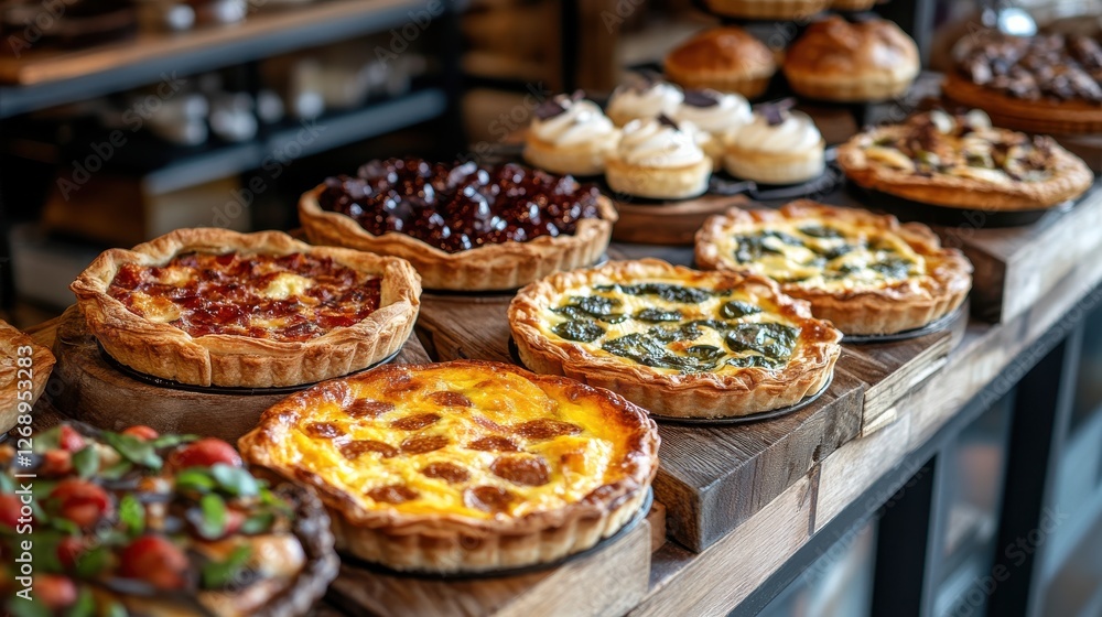 Assorted Delicious Pies and Tarts Displayed on Rustic Wooden Table Assorted Delicious Pies and Tarts Displayed on Rustic Wooden Table