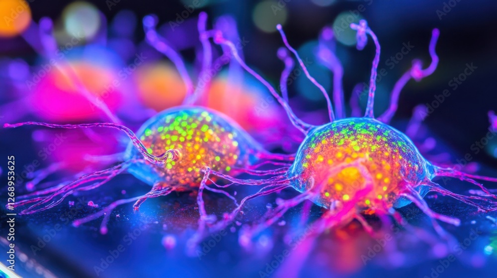 A holographic display of engineered immune cells being programmed for cancer treatment. A holographic display of engineered immune cells being programmed for cancer treatment.