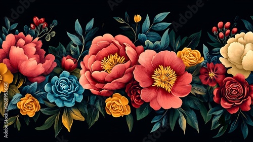 Fototapeta Naklejka Na Ścianę i Meble -  Vibrant floral composition with peonies and roses images