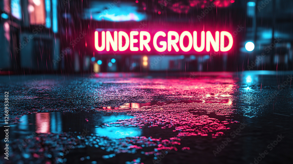 Fototapeta premium Neon Underground Sign Reflection in Rain