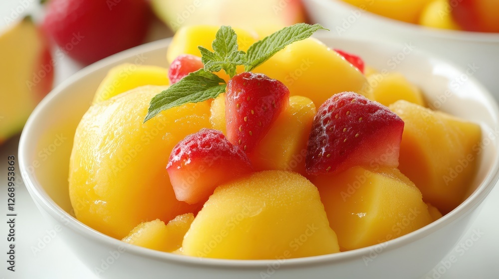 A refreshing sorbet made with fresh, tropical fruit, served in a chilled bowl. A refreshing sorbet made with fresh, tropical fruit, served in a chilled bowl.