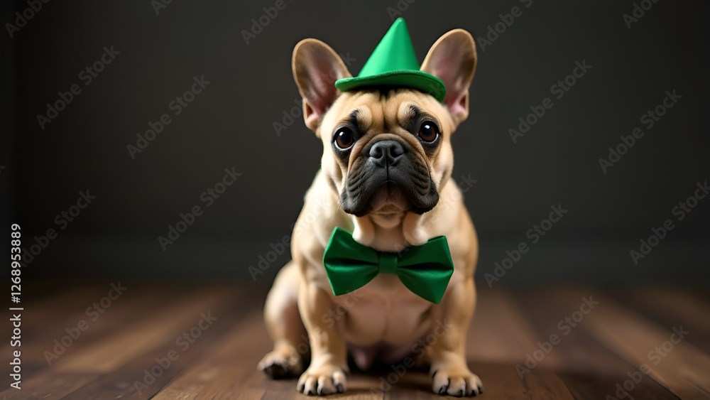 A brown and white bulldog wearing a charming green hat and bow tie. St. Patrick's Day.