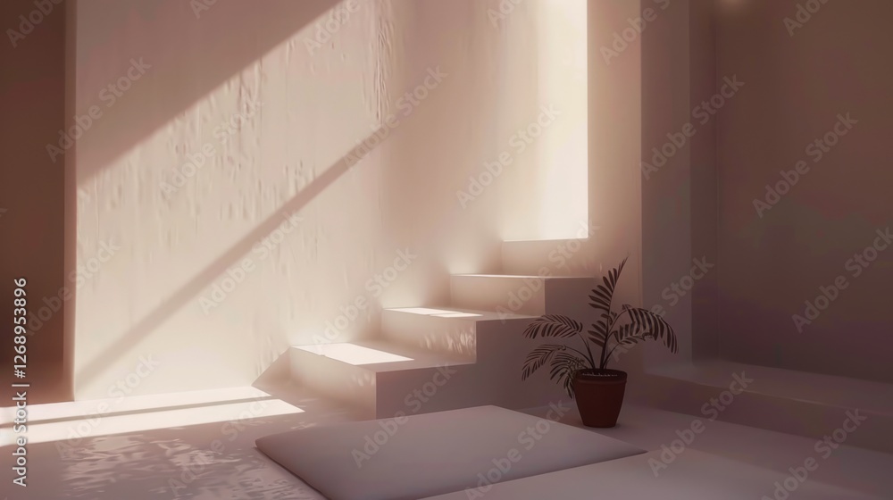 Fototapeta premium Sunlit Minimalist Interior: Tranquil Staircase and Plant