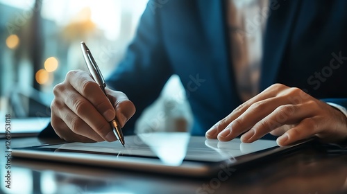 A side view of a professional signing an electronic contract on a tablet, symbolizing legal agreements and digital paperwork
