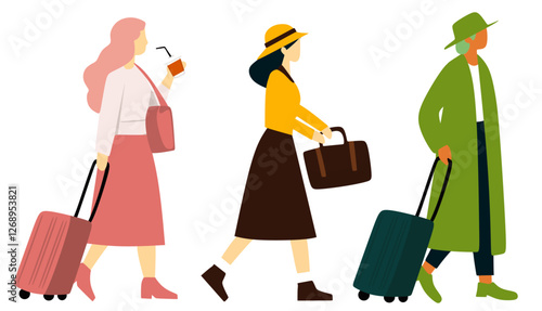 Set of Traveler Girl Holding Suitcase and coffee. woman tourist characters. Traveling people. business trip. A young woman with a suitcase. Young woman travelling on vacation