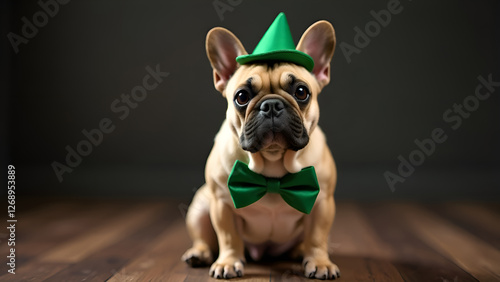 Obraz na płótnie A brown and white bulldog wearing a charming green hat and bow tie. St. Patrick's Day. w salonie