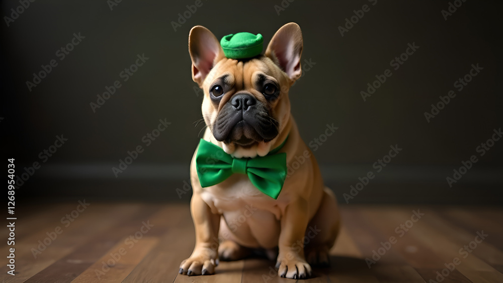 A brown and white bulldog wearing a charming green hat and bow tie. St. Patrick's Day.