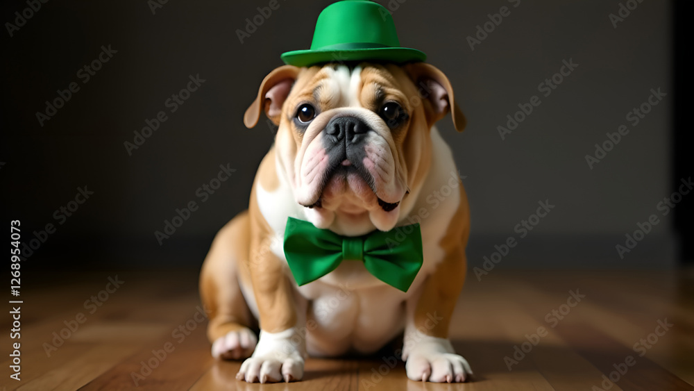A brown and white bulldog wearing a charming green hat and bow tie. St. Patrick's Day.