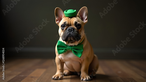 Obraz na płótnie A brown and white bulldog wearing a charming green hat and bow tie. St. Patrick's Day. w salonie