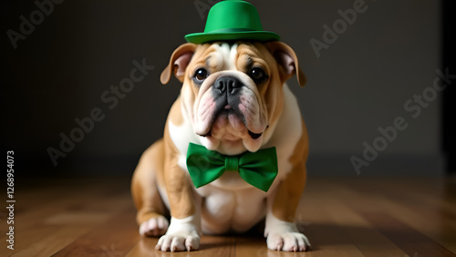 Obraz na płótnie A brown and white bulldog wearing a charming green hat and bow tie. St. Patrick's Day. w salonie