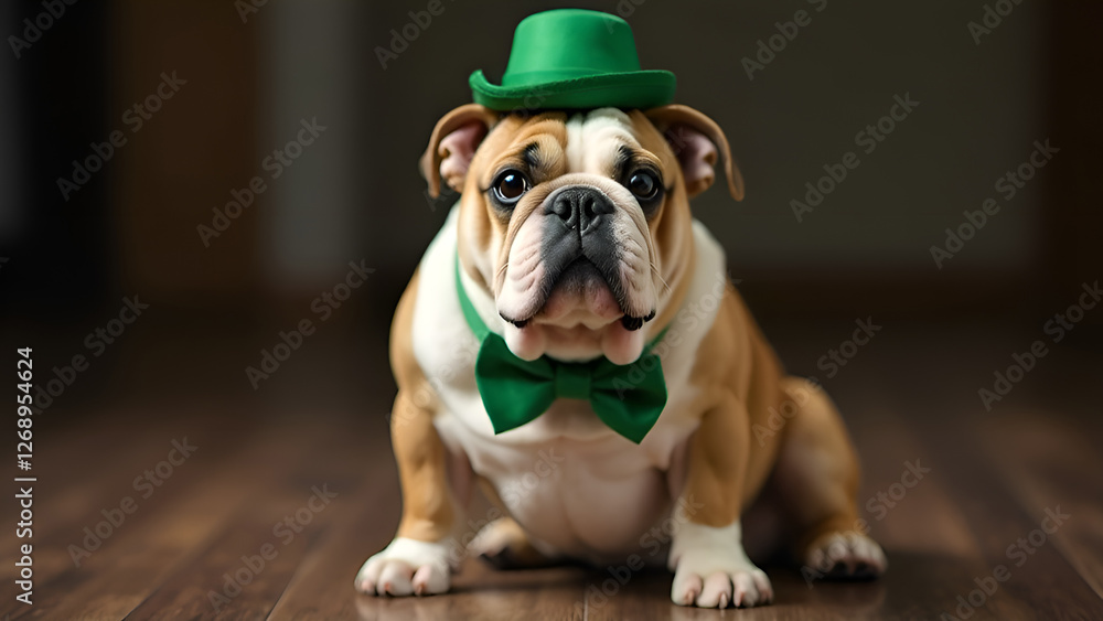 A brown and white bulldog wearing a charming green hat and bow tie. St. Patrick's Day.
