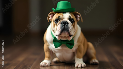 Obraz na płótnie A brown and white bulldog wearing a charming green hat and bow tie. St. Patrick's Day. w salonie