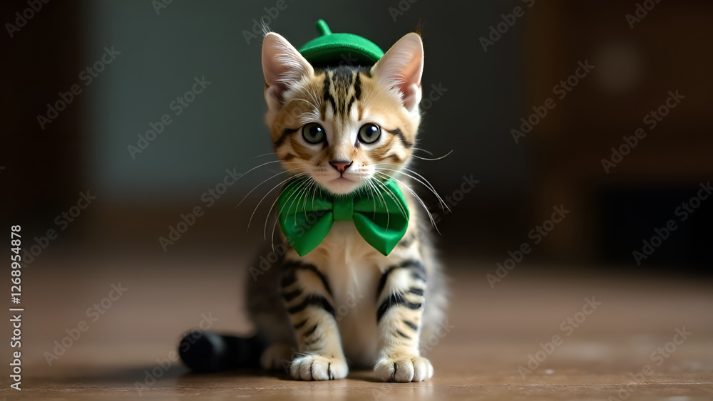 A cute little kitten is wearing a bright green hat and a bow tie. St. Patrick's Day.