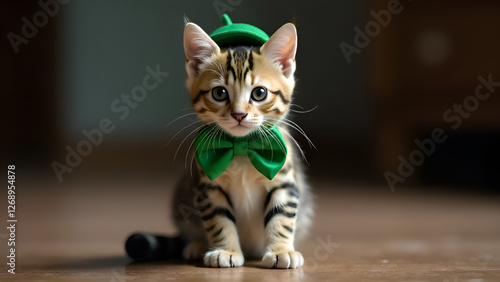 Obraz na płótnie A cute little kitten is wearing a bright green hat and a bow tie. St. Patrick's Day. w salonie