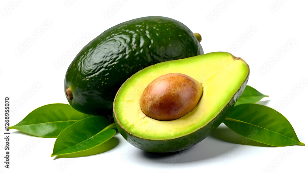 An avocado is sliced in half, showcasing its creamy flesh, and it is surrounded by fresh, vibrant leaves enhancing its natural beauty