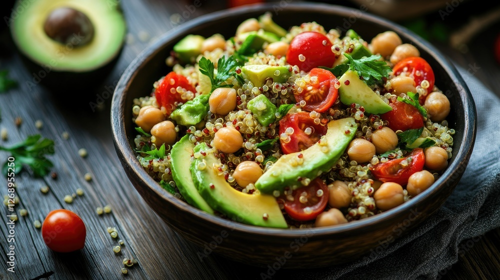 A bowl of quinoa salad with avocado, chickpeas, and cherry tomatoes on a rustic wooden table. A bowl of quinoa salad with avocado, chickpeas, and cherry tomatoes on a rustic wooden table.
