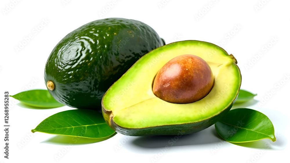 An avocado is sliced in half, showcasing its creamy flesh, and it is surrounded by fresh, vibrant leaves enhancing its natural beauty