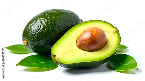 Obraz na płótnie An avocado is sliced in half, showcasing its creamy flesh, and it is surrounded by fresh, vibrant leaves enhancing its natural beauty w salonie