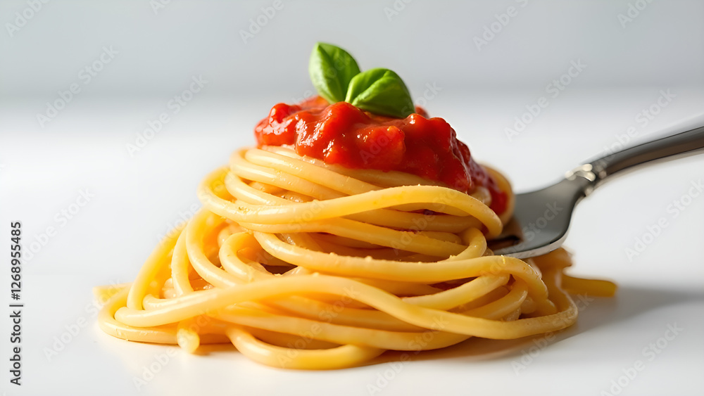 Delicious spaghetti with fresh tomato sauce and basil, on a fork