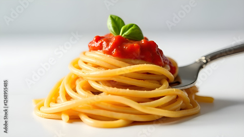 Obraz na płótnie Delicious spaghetti with fresh tomato sauce and basil, on a fork w salonie