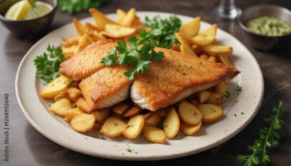 Crispy fried fish served with golden brown chips and topped with a sprig of fresh parsley, tasty dish , food garnish Crispy fried fish served with golden brown chips and topped with a sprig of fresh parsley, tasty dish , food garnish