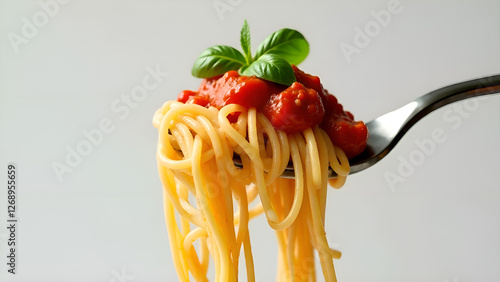 Obraz na płótnie Delicious spaghetti with fresh tomato sauce and basil, on a fork w salonie