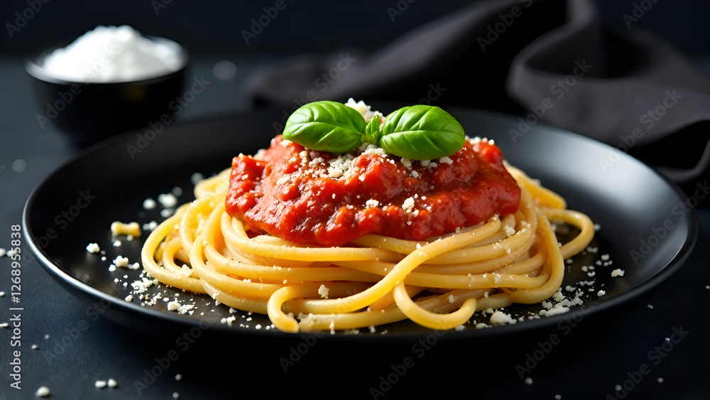 A black plate that is topped with delicious spaghetti and rich tomato sauce