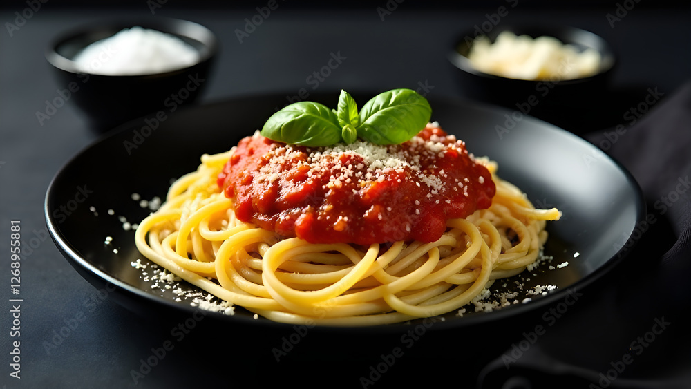 A black plate that is topped with delicious spaghetti and rich tomato sauce