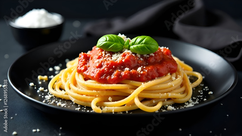 Obraz na płótnie A black plate that is topped with delicious spaghetti and rich tomato sauce w salonie