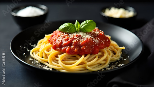 Obraz na płótnie A black plate that is topped with delicious spaghetti and rich tomato sauce w salonie