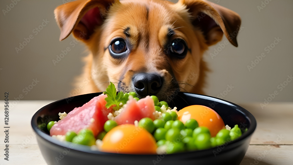 A small dog is intently gazing at a bowl filled with delicious food. Concept healthy food for pets.