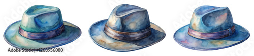 Watercolor hat illustrations, stylish fashion accessories, artistic design, vibrant colors, creative artwork, unique headwear collection.