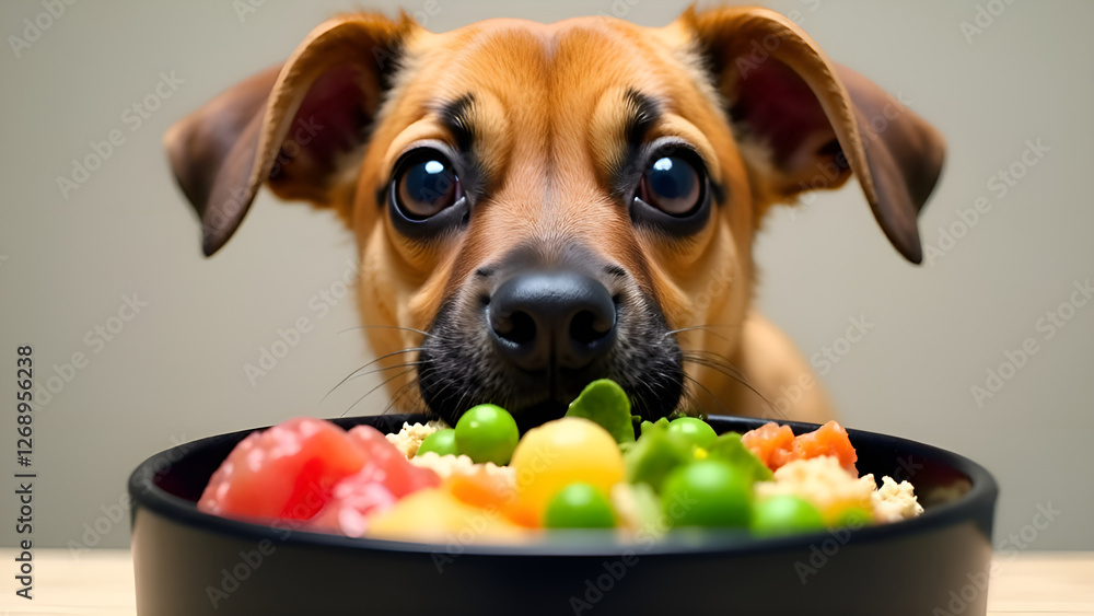 A small dog is intently gazing at a bowl filled with delicious food. Concept healthy food for pets.