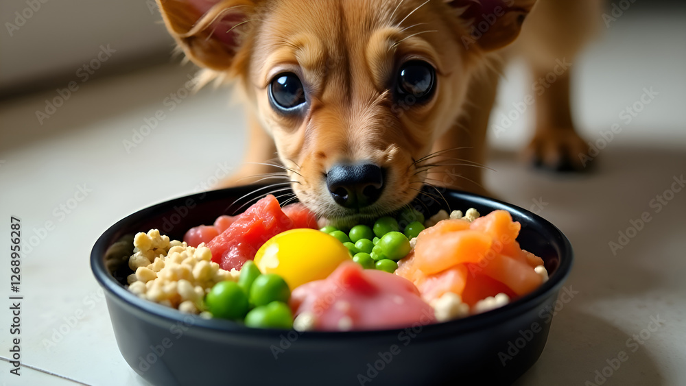 A small dog is intently gazing at a bowl filled with delicious food. Concept healthy food for pets.
