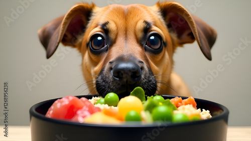 Obraz na płótnie A small dog is intently gazing at a bowl filled with delicious food. Concept healthy food for pets. w salonie