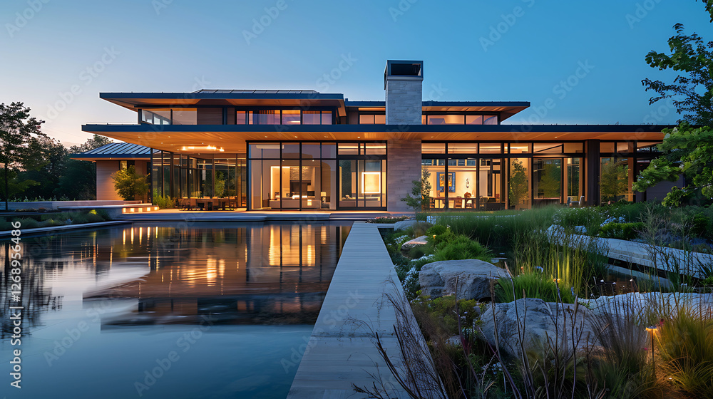 Fototapeta premium Elegant contemporary home with an endless pond and a seaside outside living space
