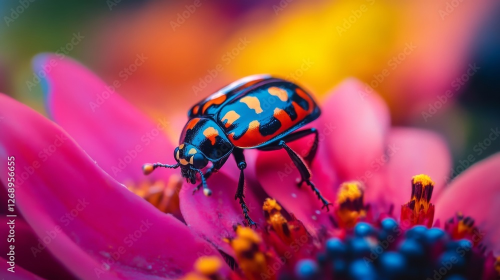 Fototapeta premium Bright beetle with orange spots on a pink flower in a vibrant garden scene