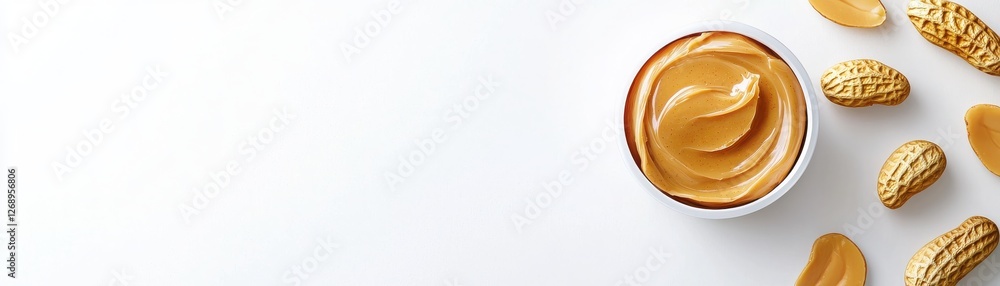 Delicious creamy peanut butter with whole nuts on a white background. Delicious creamy peanut butter with whole nuts on a white background.