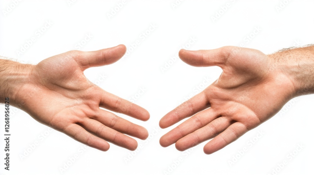 Two male adult hands reaching toward each other on white background Two male adult hands reaching toward each other on white background