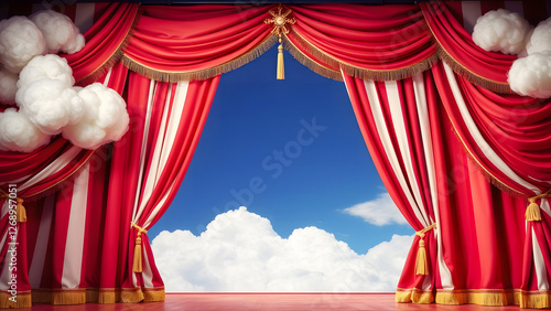 Theater stage with a classic red curtain and blue sky backdrop, perfect for theater performances, artistic presentations, or stage design projects photo