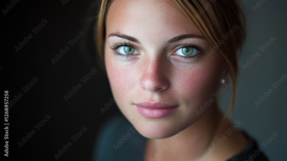 Fototapeta premium Young female with freckles and green eyes stares intently in portrait