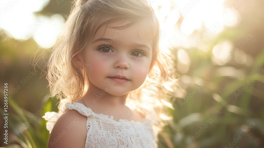 Young girl in sunlit garden with soft light and blonde hair Young girl in sunlit garden with soft light and blonde hair