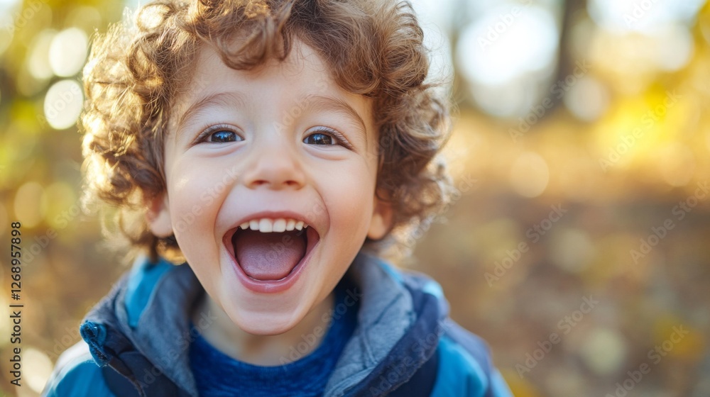 Joyful young child with curly hair laughing in autumn outdoors Joyful young child with curly hair laughing in autumn outdoors