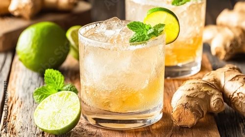 Refreshing ginger cocktails served in glasses, garnished with lime and mint, showcasing a vibrant blend of flavors.